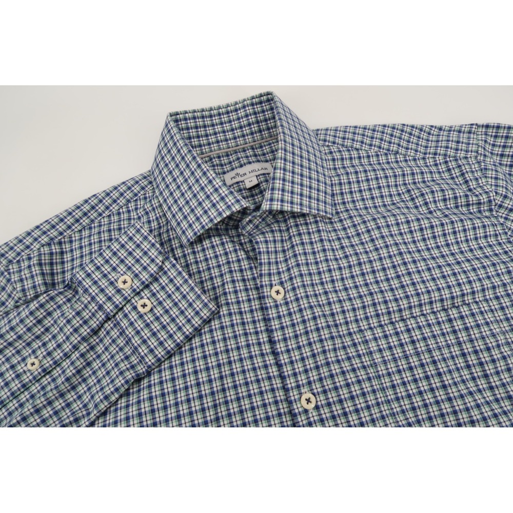 Peter Millar Button Down Shirt Mens Medium Blue Green Plaid Long‎ Sleeve Stretch